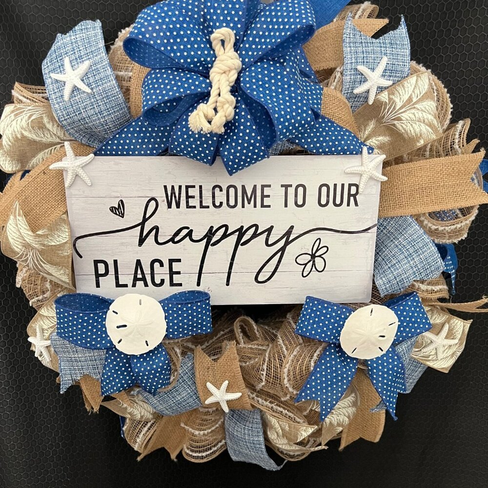 Welcome to Our Happy Place Beach Wreath Made of Deco Mesh - Picture 2 of 2